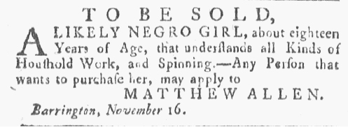 To be Sold Negro girl, Providence Gazette newspaper 1771